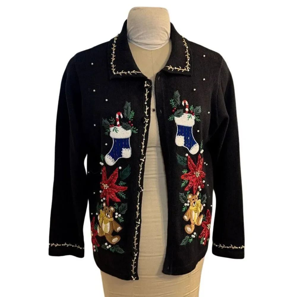 Victoria Jones Christmas Cardigan Sz. M Embroidered Appliqué Metallic Vtg